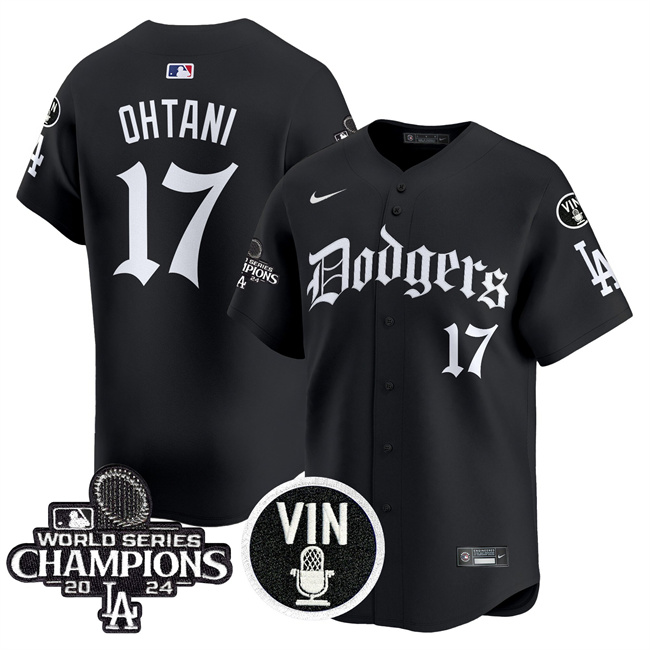 Men's Los Angeles Dodgers #17 Shohei Ohtani Black Mexico 2025 LA Gothic Style With Vin And 2024 World Series Champions Patch Vapor Premier Limited Stitched Baseball Jersey Men's Los Angeles Dodgers #17 Shohei Ohtani Black Mexico 2025 LA Gothic Style With Vin And 2024 World Series Champions Patch Vapor Premier Limited Stitched Baseball Jersey